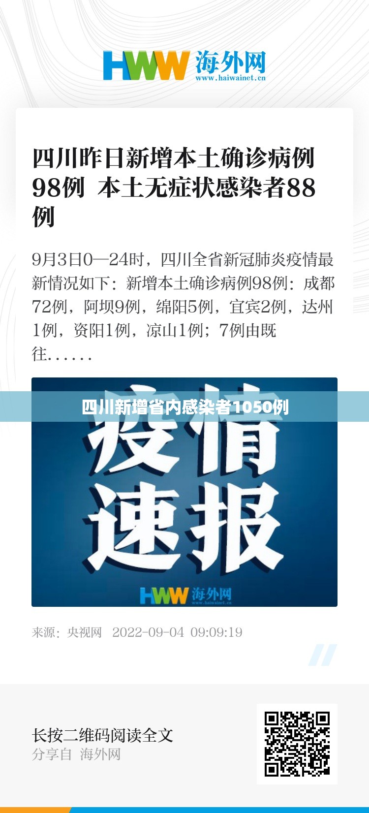 四川新增省内感染者1050例:四川省新增疑似本土病例1例