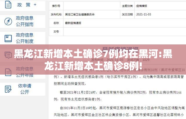 黑龙江新增本土确诊7例均在黑河:黑龙江新增本土确诊8例!