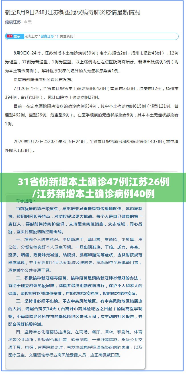 31省份新增本土确诊47例江苏26例/江苏新增本土确诊病例40例
