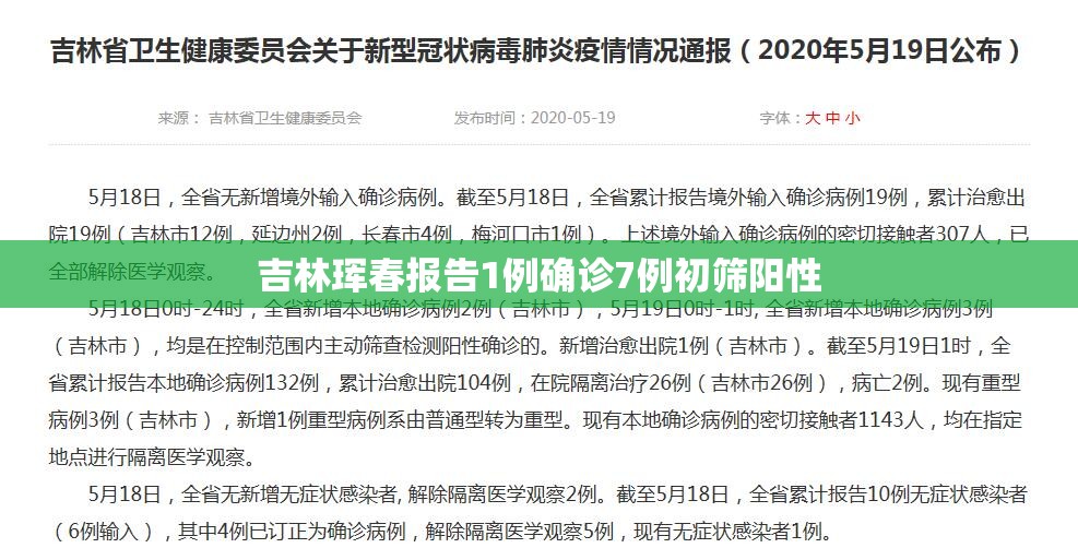 【吉林珲春报告1例确诊7例初筛阳性/吉林珲春市冠状病毒肺炎】