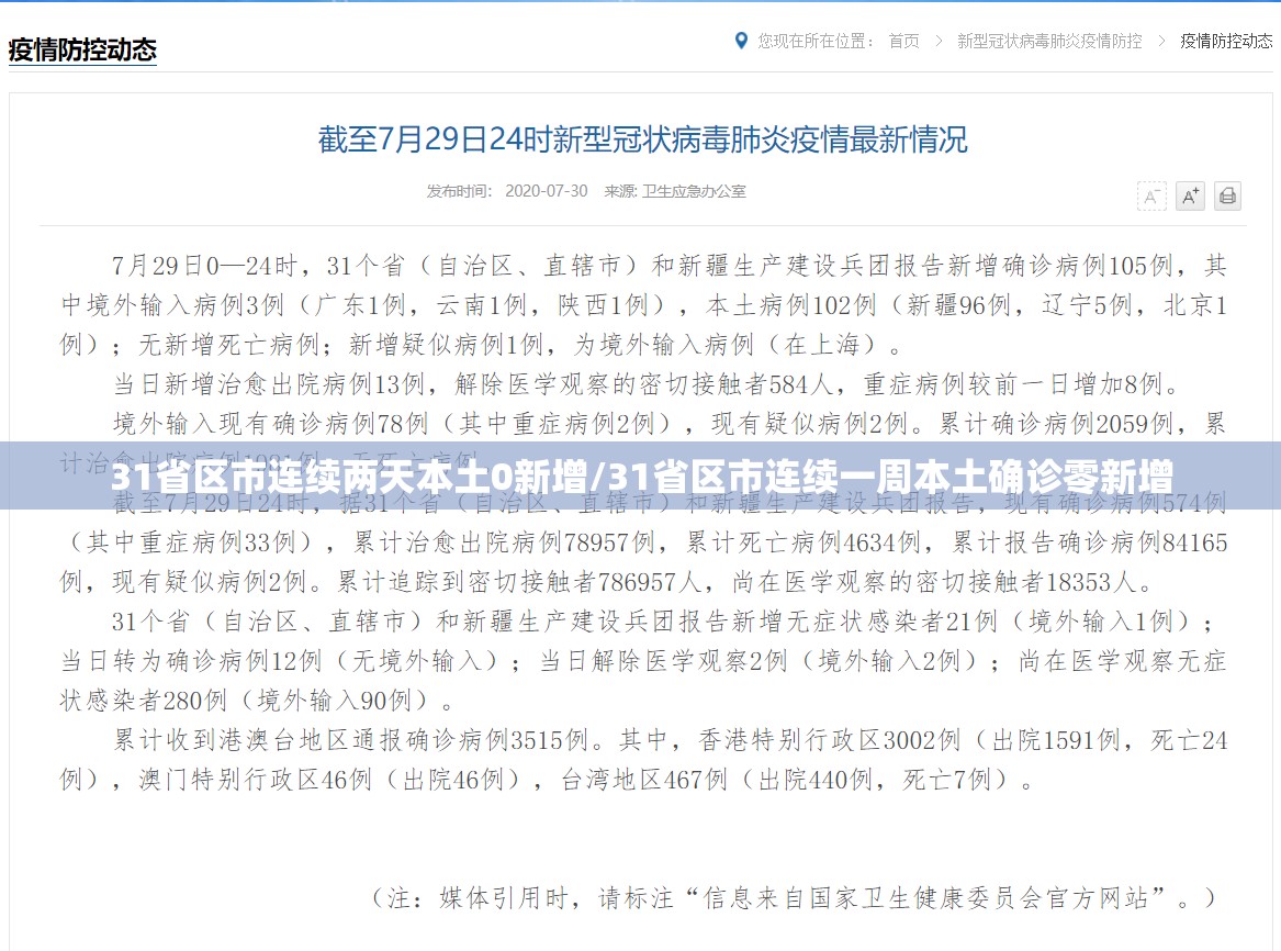 31省区市连续两天本土0新增/31省区市连续一周本土确诊零新增