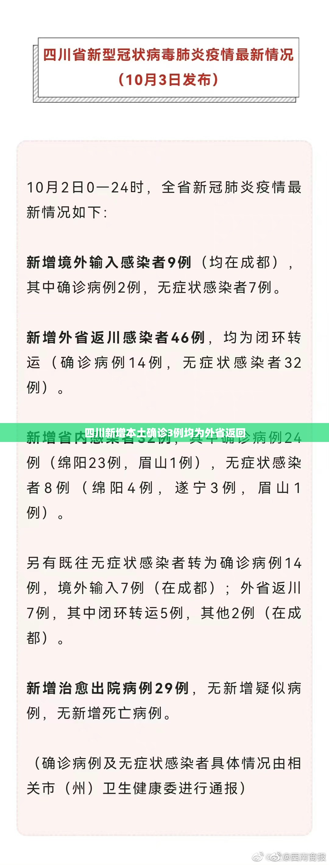 【四川新增本土确诊3例均为外省返回/四川新增3例输入】