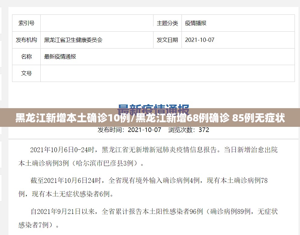 黑龙江新增本土确诊10例/黑龙江新增68例确诊 85例无症状